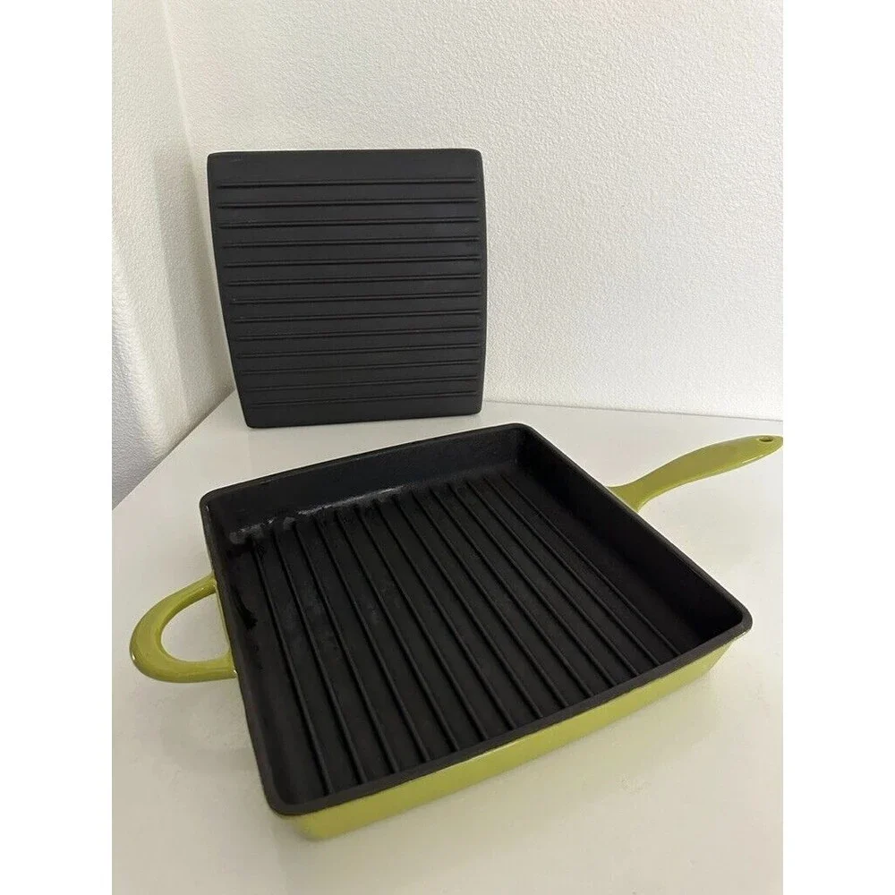 11” Mario Batali Green Enameled Cast Iron Grill Pan Panini Press with Lid Logo